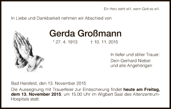 Traueranzeige von Gerda Großmann von Hersfeld