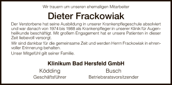 Traueranzeige von Dieter Frackowiak von Hersfeld