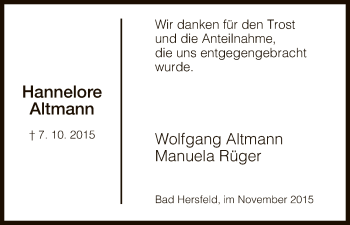 Traueranzeige von Hannelore Altmann von Hersfeld