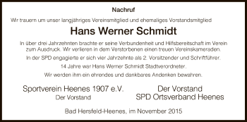 Traueranzeige von Hans Werner Schmidt von Hersfeld