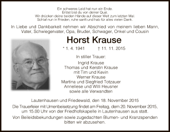 Traueranzeige von Horst Krause von Hersfeld