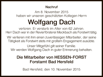 Traueranzeige von Wolfgang Dach von Hersfeld