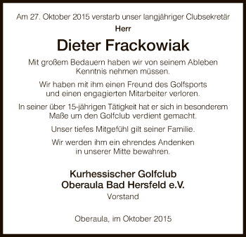 Traueranzeige von Dieter Frackowiak von Hersfeld