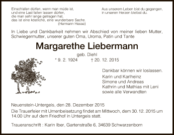 Traueranzeige von Margarethe Liebermann von Hersfeld