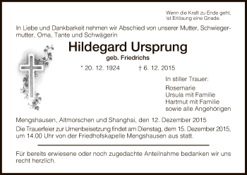 Traueranzeige von Hildegard Ursprung von Hersfeld