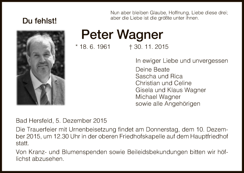  Traueranzeige für Peter Wagner vom 05.12.2015 aus Hersfeld
