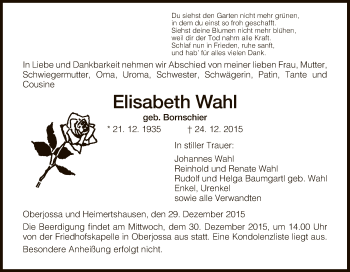 Traueranzeige von Elisabeth Wahl von Hersfeld