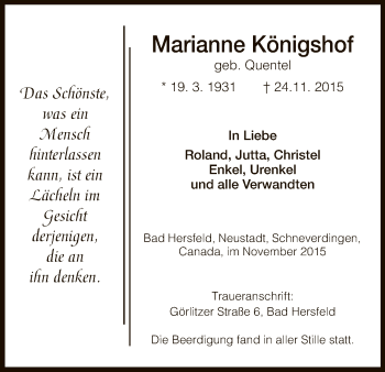 Traueranzeige von Marianne Königshof von Hersfeld