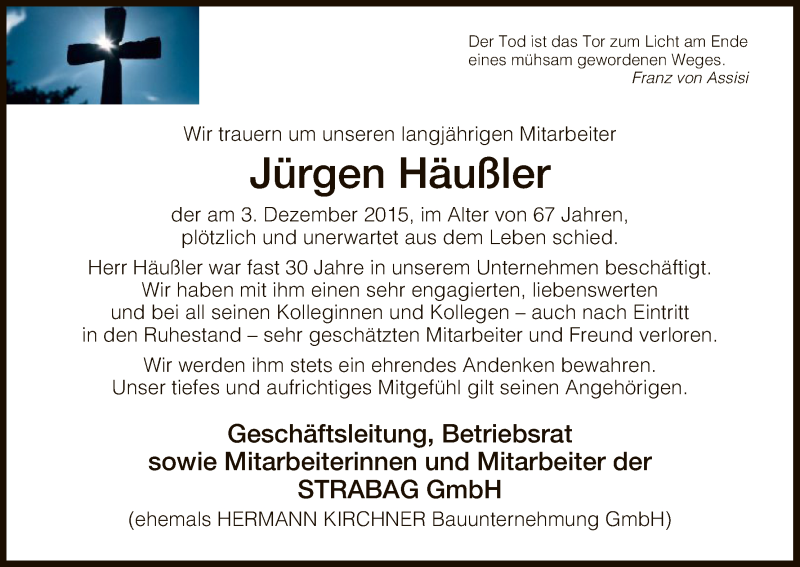  Traueranzeige für Jürgen Häußler vom 09.12.2015 aus Hersfeld