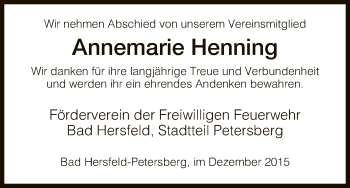 Traueranzeige von Annemarie Henning von Hersfeld