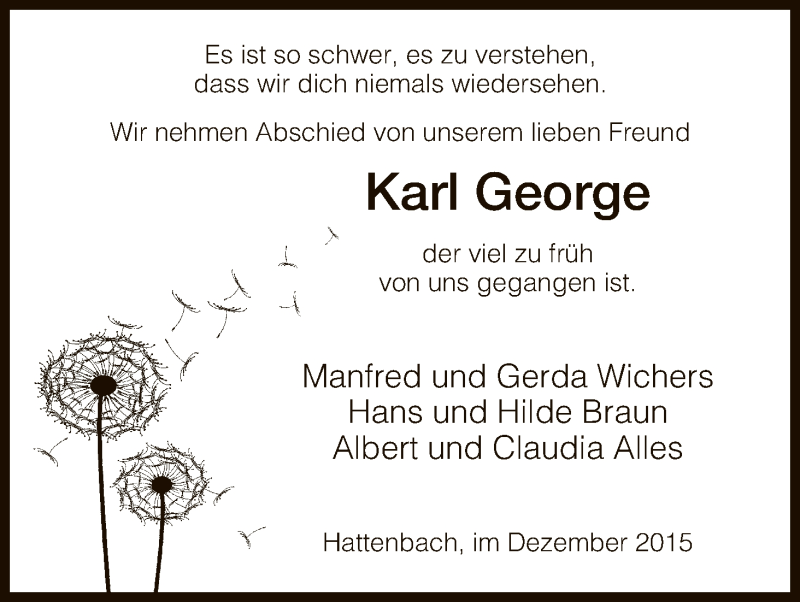  Traueranzeige für Karl George vom 16.12.2015 aus Hersfeld