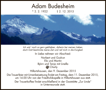 Traueranzeige von Adam Budesheim von Hersfeld