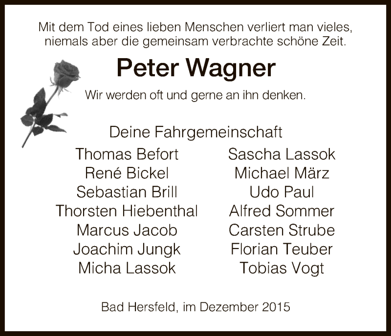  Traueranzeige für Peter Wagner vom 05.12.2015 aus Hersfeld