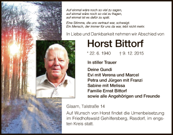 Traueranzeige von Hort Bittorf von Hersfeld