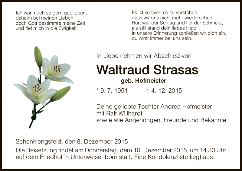  Traueranzeige für Waltraud Strasas vom 08.12.2015 aus Hersfeld