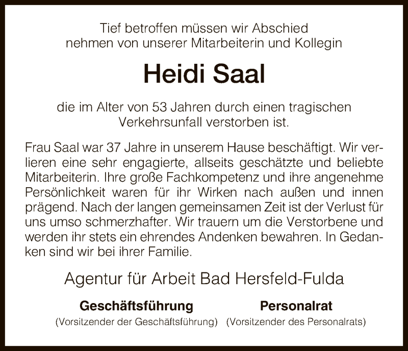  Traueranzeige für Heidi Saal vom 22.12.2015 aus Hersfeld