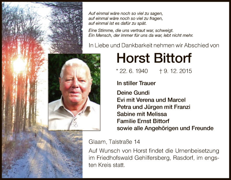  Traueranzeige für Hort Bittorf vom 15.12.2015 aus Hersfeld