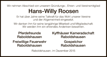 Traueranzeige von Hans-Willy Roosen von Hersfeld