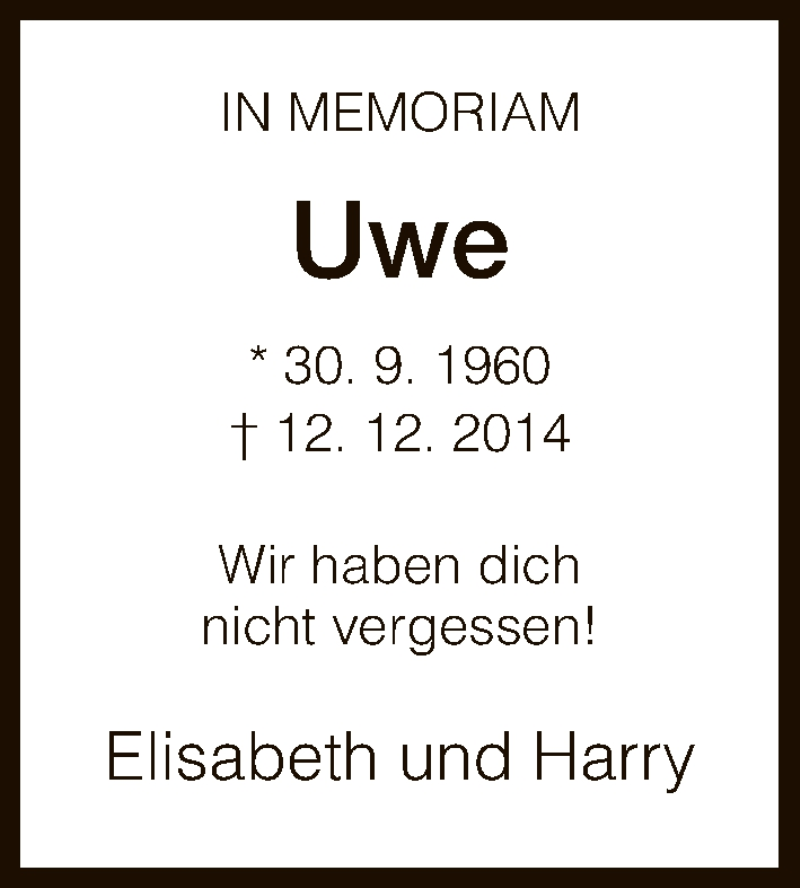  Traueranzeige für Uwe Winning vom 12.12.2015 aus Hersfeld