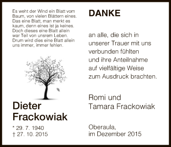 Traueranzeige von Dieter Frackowiak von Hersfeld