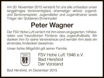 Traueranzeige von Peter Wagner von Hersfeld