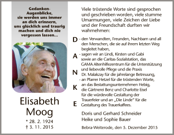 Traueranzeige von Elisabeth Moog von Hersfeld