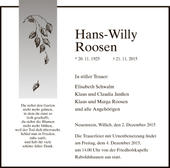 Traueranzeige von Hans-Willy Roosen von Hersfeld