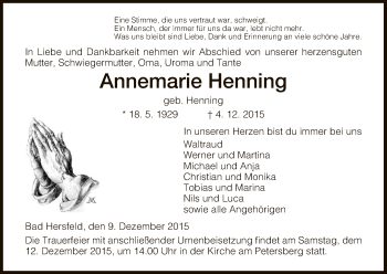 Traueranzeige von Annemarie Henning von Hersfeld