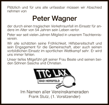 Traueranzeige von Peter Wagner von Hersfeld