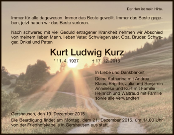 Traueranzeige von Kurt Ludwig Kurz von Hersfeld