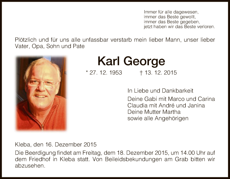  Traueranzeige für Karl George vom 16.12.2015 aus Hersfeld