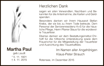 Traueranzeige von Martha Paul von Hersfeld