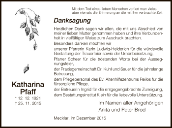 Traueranzeige von Katharina Pfaff von Hersfeld