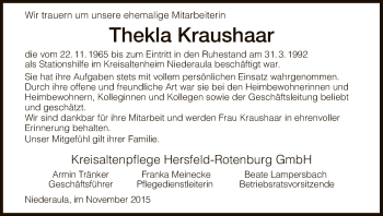 Traueranzeige von Thekla Kraushaar von Hersfeld