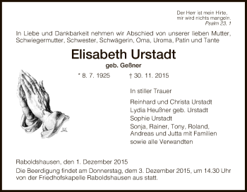 Traueranzeige von Elisabeth Urstadt von Hersfeld