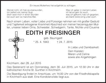 Traueranzeige von Edith Freisinger von Hersfeld