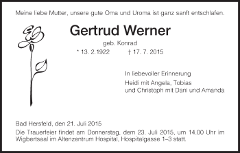 Traueranzeige von Gertrud Werner von Hersfeld