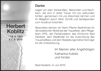 Traueranzeige von Herbert Koblitz von Hersfeld