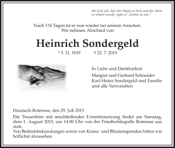 Traueranzeige von Heinrich Sondergeld von Hersfeld