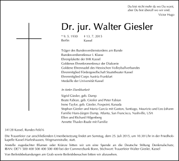 Traueranzeige von Walter Giesler von Hersfeld