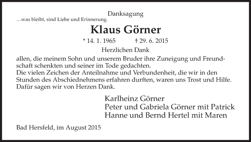  Traueranzeige für Klaus Görner vom 01.08.2015 aus Hersfeld