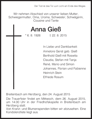 Traueranzeige von Anna Gieß von Hersfeld