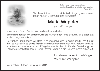 Traueranzeige von Maria Weppler von Hersfeld