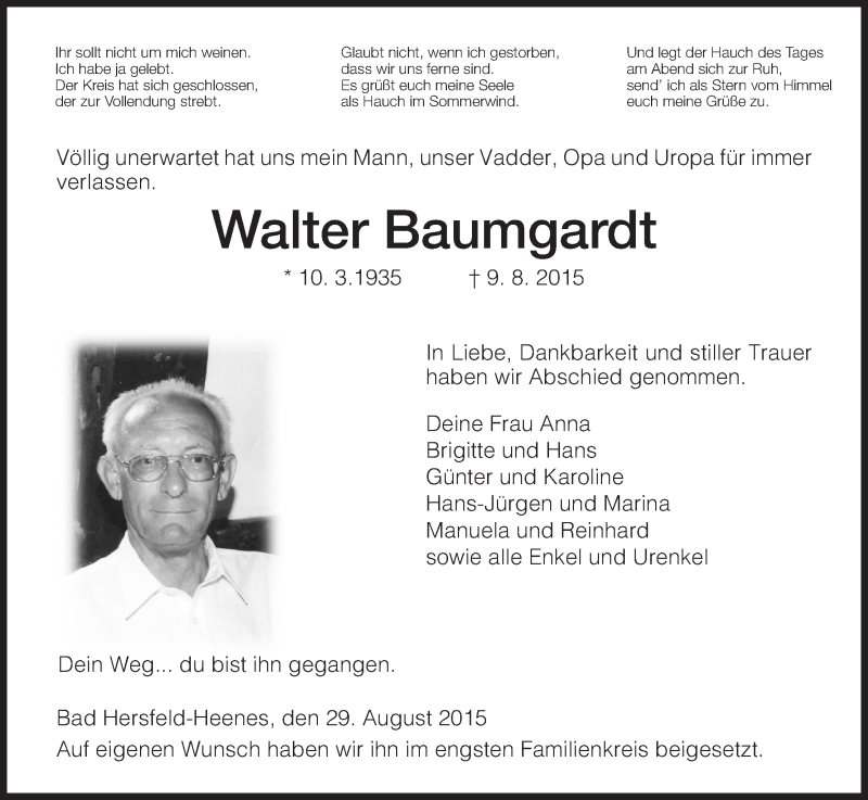  Traueranzeige für Walter Baumgardt vom 29.08.2015 aus Hersfeld