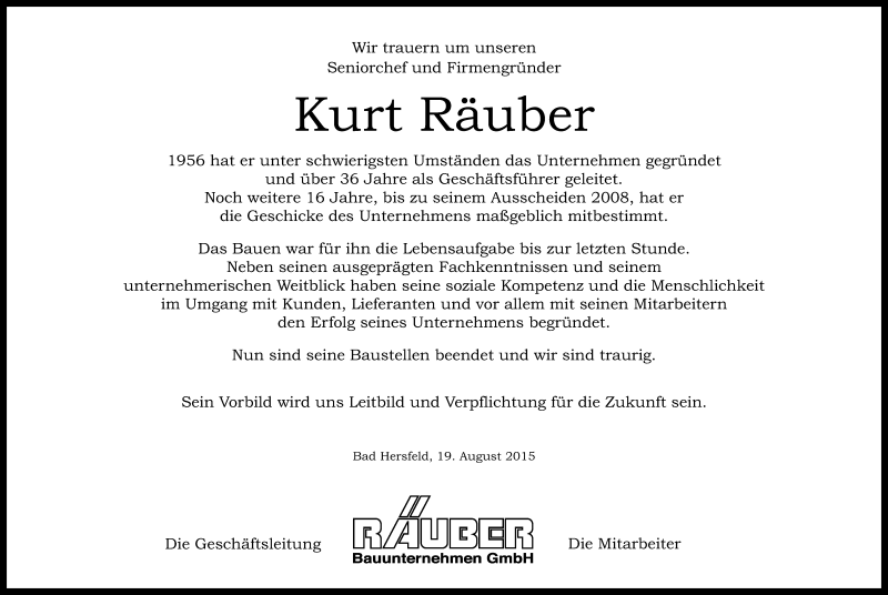  Traueranzeige für Kurt Räuber vom 19.08.2015 aus Hersfeld