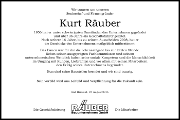 Traueranzeige von Kurt Räuber von Hersfeld