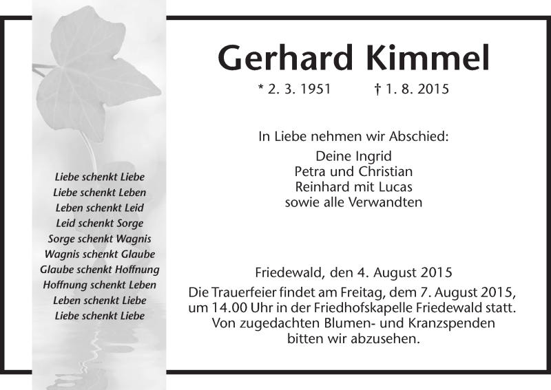  Traueranzeige für Gerhard Kimmel vom 04.08.2015 aus Hersfeld