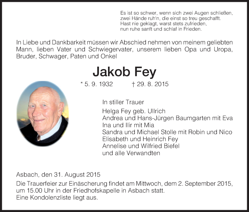  Traueranzeige für Jakob Fey vom 31.08.2015 aus Hersfeld