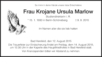 Traueranzeige von Krojane Ursula Marlow von Hersfeld