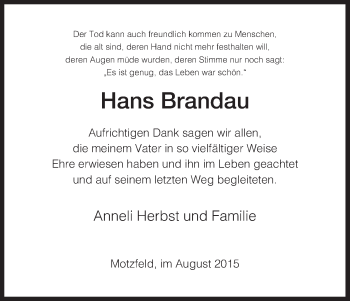 Traueranzeige von Hans Brandau von Hersfeld